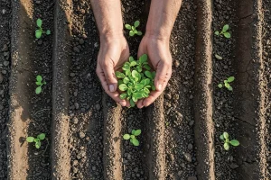 hands cupping small plants soil